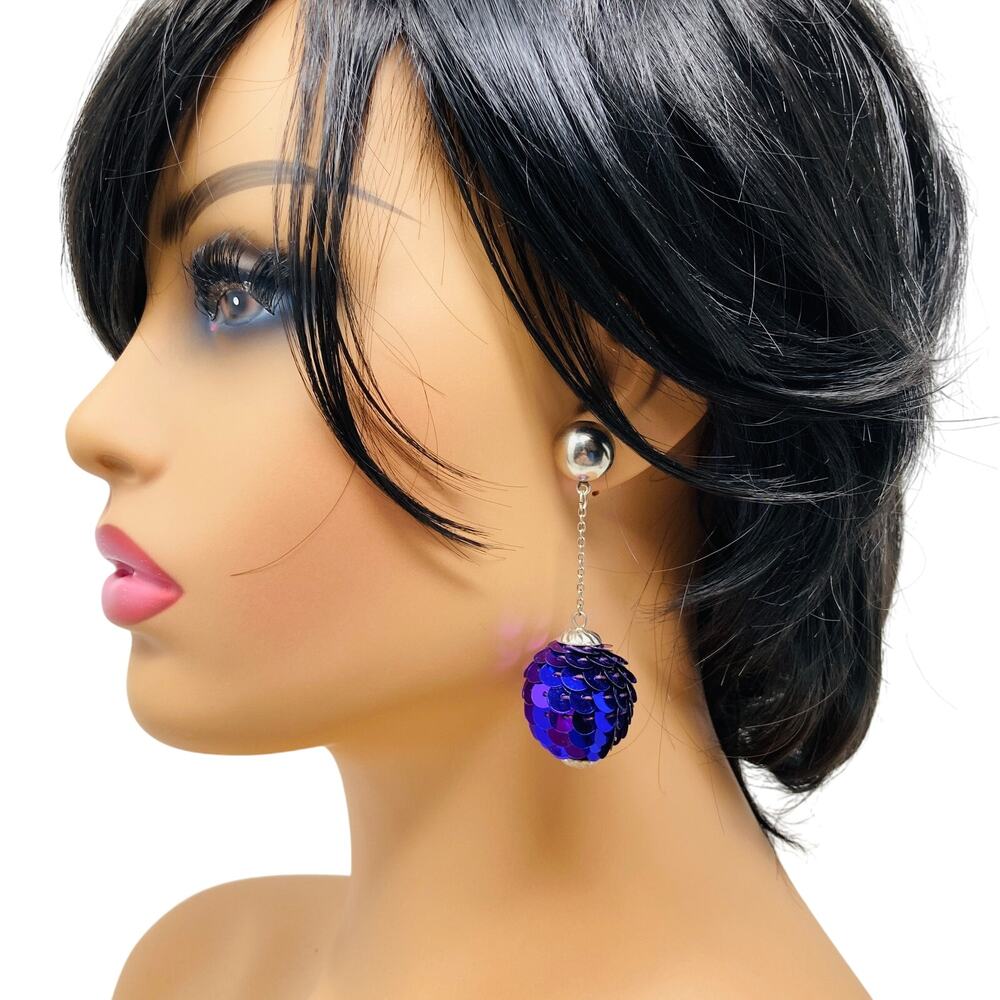 Vintage 80s NOS Large Statement Sequin Balls Purple Chunky Dangle Earrings